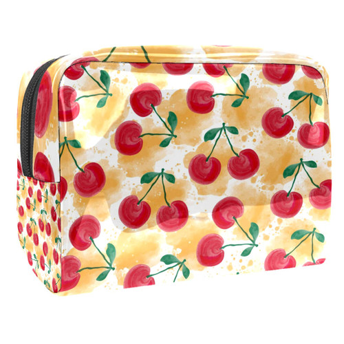 Portable Makeup Bag with Zipper Travel Toiletry Bag for Women Handy Storage Cosmetic Pouch Red Delicious Cherries Pattern