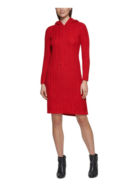 JESSICA HOWARD Womens Red Knit Textured Ribbed Hooded Drawstring Long Sleeve Crew Neck Above The Knee Sweater Dress XL