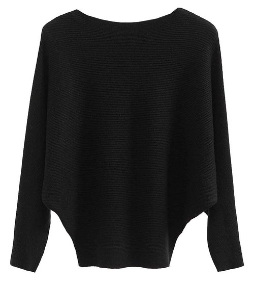 Boat Neck Batwing Sleeves Dolman Knitted Sweaters and Pullovers Tops for Women Black