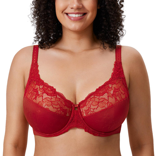DELIMIRA Women's Plus Size Full Coverage Underwire Unlined Minimizer Lace Bra Dark Red 42H