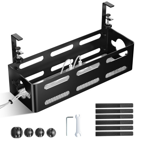 Under Desk Cable Management Tray, Cinati Cable Management Under Desk No Drill, Metal Cable Management Box with Desk Cord Organizers & Desk Cable Management Kit to Conceal Wire for Office Home, Black