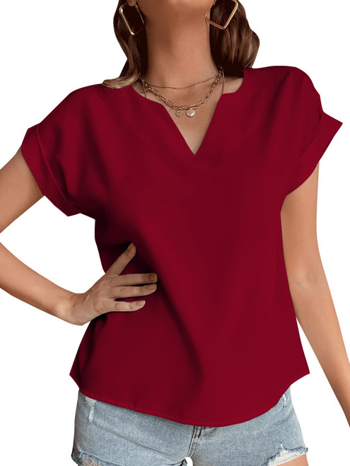 LYANER Women's Casual Notched V Neck Rolled Short Sleeve Work Blouse T-Shirt Top Wine Red Large