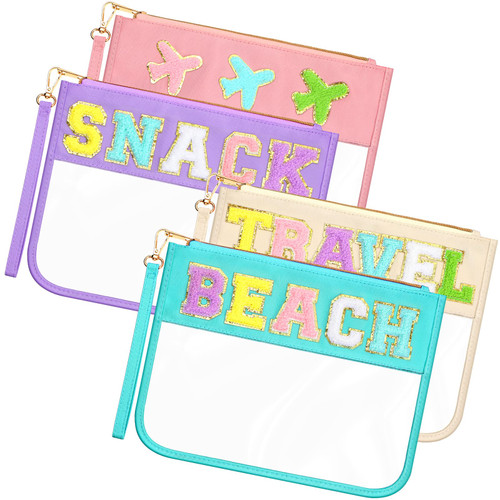 4 Pack Clear Chenille Letter Bag Stoney Clover Dupes Travel Beach Snack Zipper Pouch for Cosmetic Makeup Pencil Pen, Preppy Patch Purse Accessories for Women Girls (Pink, Beige, Purple, Blue)