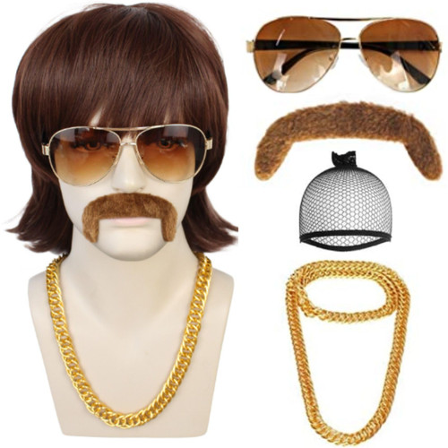 ANOGOL Hair Cap+5pcs Set Disco Wig For Dark Brown 70S Wigs For Men 80S Costumes For Men Disco Mens Wig For Men 70S Disco 1970S Wig Chain Wig Mullet Wig For Men Fringe Bangs Synthetic Hair Rocker Costume Set Wig For Party Halloween{Wig+Glasses+Chain+M ANOGOL Hair Cap+5pcs Set Disco Wig For Dark Brown 70S Wigs For Men 80S Costumes For Men Disco Mens Wig For Men 70S Disco 1970S Wig Chain Wig Mullet Wig For Men Fringe Bangs Synthetic Hair Rocker Costume Set Wig For Party Halloween{Wig+Glasses+Chain+M