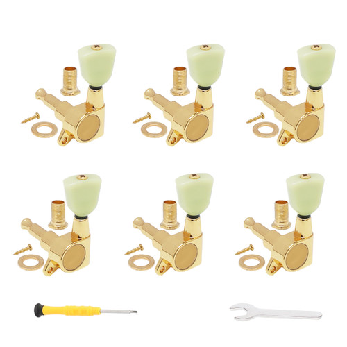 Musparts 6 inline Closed Guitar Tuning Pegs, Tuners Machine, 6L Guitar String Tuning Pegs, Tuner Keys Heads for Acoustic Electric Guitars (Green+gold)