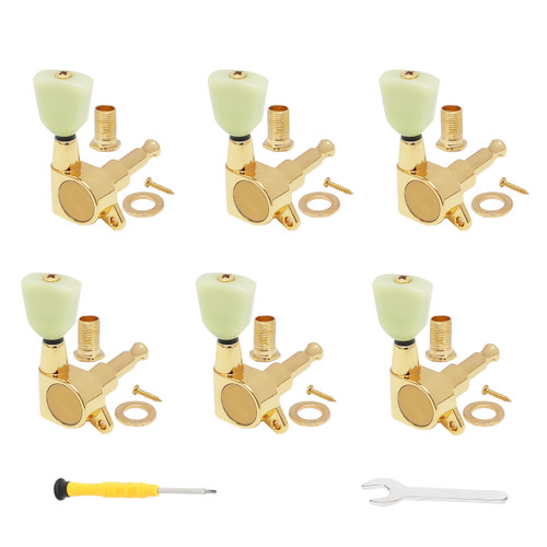 Musparts 6 inline Closed Guitar Tuning Pegs, Tuners Machine, 6R Guitar String Tuning Pegs, Tuner Keys Heads for Acoustic Electric Guitars (Green+gold)