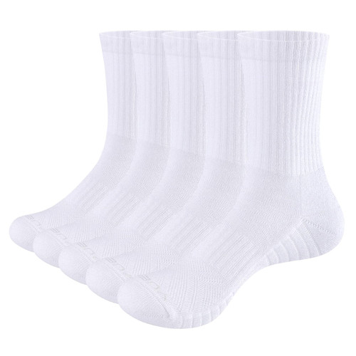 YUEDGE Men's Moisture Wicking White Cotton Performance Training Athletic Cushioned Crew Socks for Men 10-13, 5 Pairs