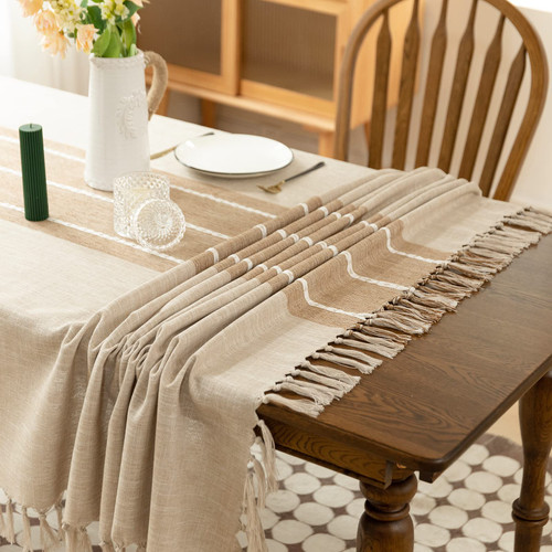 INUTOWA Handmade Tassels Tablecloth Embroidery Burlap Linen - Heavy Duty Wrinkle Free Rectangle Table Cloth for 6 Foot Tables Rustic Farmhouse Tablecloths for Outdoor Party Kitchen Coffee 55x102