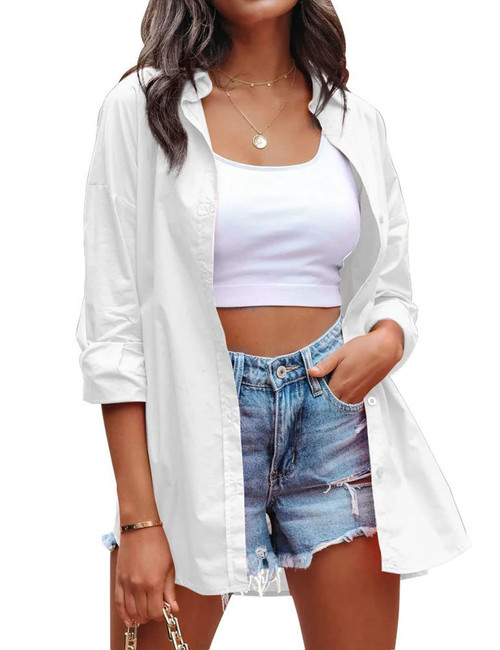 HangNiFang Womens Oversized Button Down Shirts Long Sleeve Loose Fit Work Dressy Blouses Tops(0855-White-S)