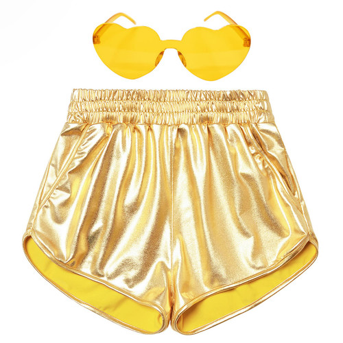 Girls Gold Metallic Gymnastics Shorts Rave Spandex Dance Shorts Shiny Hot Pants 6 7