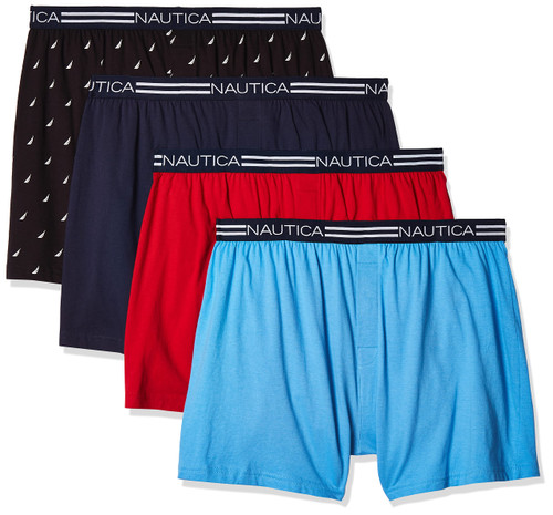 Nautica mens Classic Cotton Loose Knit Boxer Shorts, Peacoat/Aero Blue/Nautica Red/Sails Black- 4 Pack, Small US