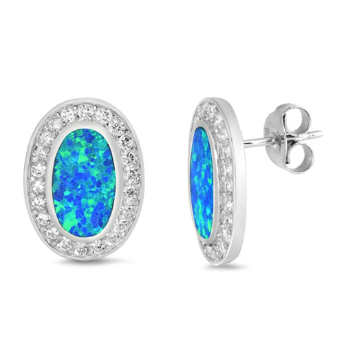 Sterling Silver Oval Halo Mosaic Elegant Earrings Blue Simulated Opal Clear CZ