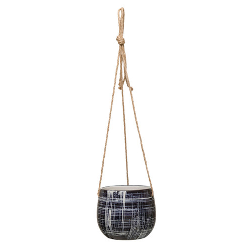 Creative Co-Op Hanging Stoneware Pattern & Jute Hanger, Blue (Holds 5" Planter Pot