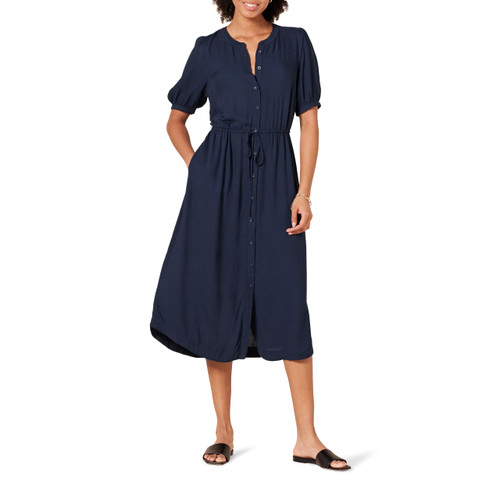 Amazon Essentials Women's Relaxed Fit Half-Sleeve Waisted Midi A-Line Dress, Navy, X-Large