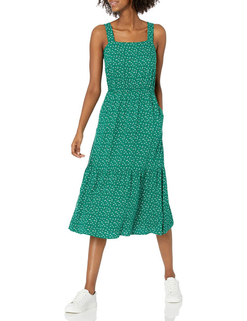 Amazon Essentials Women's Fluid Twill Tiered Fit and Flare Dress, Green Vine Print, Large