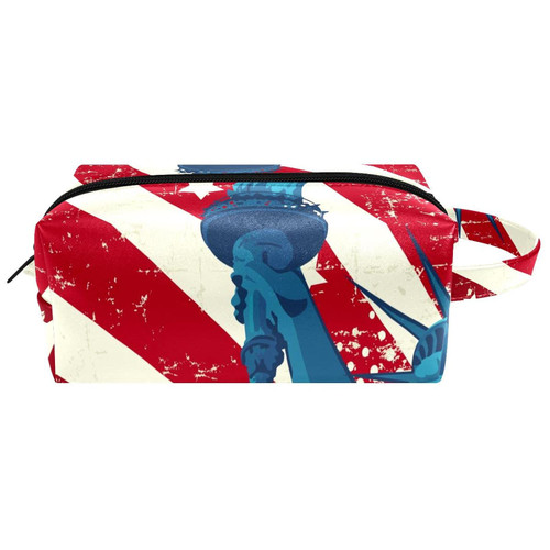 LEVEIS American Flag With The Statue Of Liberty Microfiber Leather Makeup Bag Pouch Waterproof Travel Cosmetic Bag Portable Handy Toiletry Bag for Women Girls Gifts