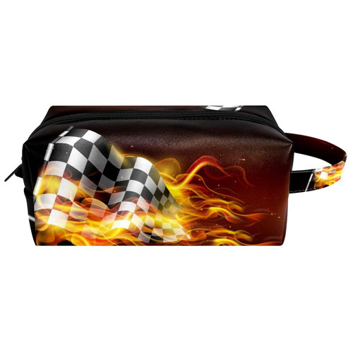 LEVEIS Racing Flag with Flame Microfiber Leather Makeup Bag Pouch Waterproof Travel Cosmetic Bag Portable Handy Toiletry Bag for Women Girls Gifts
