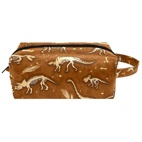 LEVEIS Dinosaur Bone Brown Microfiber Leather Makeup Bag Pouch Waterproof Travel Cosmetic Bag Portable Handy Toiletry Bag for Women Girls Gifts