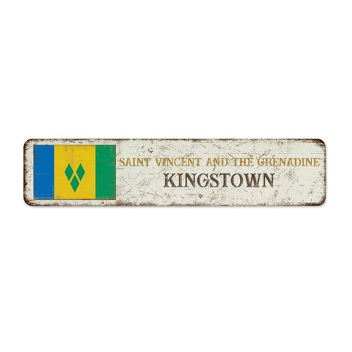 Fashion Chic Metal Plaque Saint Vincent And The Grenadine-Kingstown Flag City Street Home Decor Art Poster Outside Room Laundry National Country Souvenir Road Aluminum Metal Sign Gift for Indoor 4x18