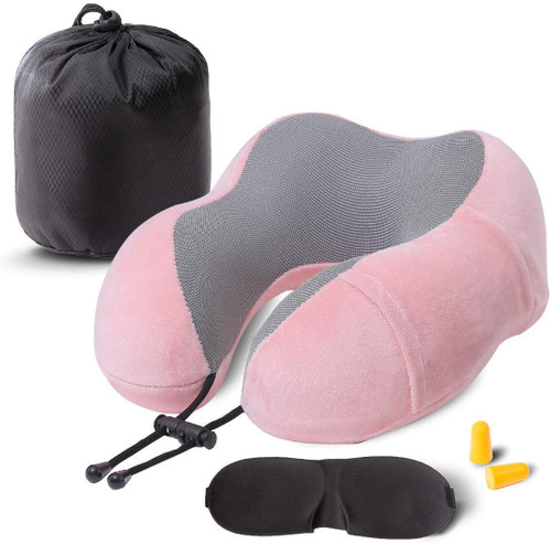 ENOTHEN Travel Pillow 100% Pure Memory Foam Neck Pillow with Machine Washable Cover, Airplane Travel Kit with 3D Contoured Eye Masks, Earplugs & Reusable Bag (Pink)