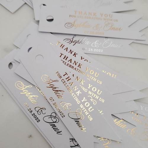 Custom Wedding Favor Gold Foiled Thank you for celebrating with us Tags, Personalized Gift Bags Hang Tags, Wedding Thank you Tags, Gift Tag (2.5" x 0.7")