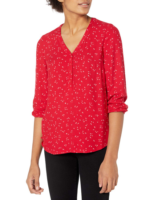 Amazon Essentials Women's 3/4 Sleeve Button Popover Shirt, Red Leafy Floral, Medium