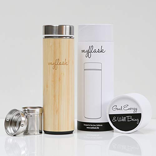 Bamboo Tumbler with Detachable Loose Leaf Tea Infuser and Strainer | Insulated Travel Flask | Water Bottle | Coffee Mug | 17oz Thermos with Stainless Steel Interior and Bamboo Exterior | BPA-Free