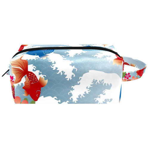 LEVEIS Carps Wave And Flowers Microfiber Leather Makeup Bag Pouch Waterproof Travel Cosmetic Bag Portable Handy Toiletry Bag for Women Girls Gifts