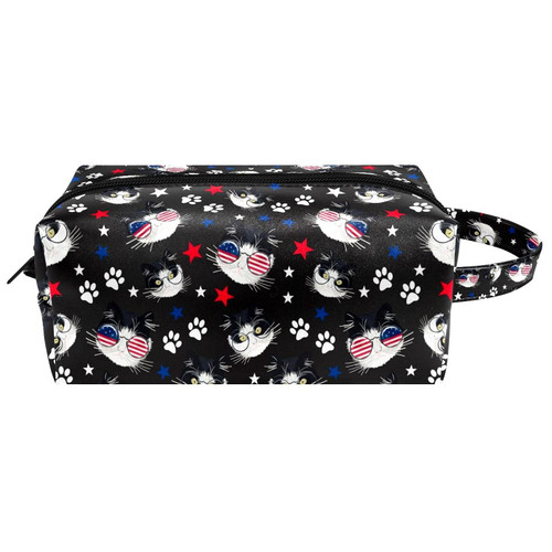 LEVEIS American Flag Glasses Cat Microfiber Leather Makeup Bag Pouch Waterproof Travel Cosmetic Bag Portable Handy Toiletry Bag for Women Girls Gifts