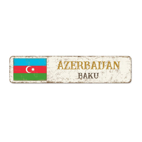 CowkissSign Azerbaijan Flag Metal Plaque Tin Sign Capital City Baku Retro Vintage Tin Metal Sign Country Souvenir National Flag City Souvenir Metal Tin Sign Quality Metal Sign for Laundry Room 18x4in