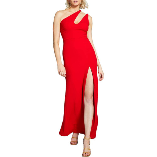 B Darlin Womens Red Slitted Zippered Scuba Crepe High Slit Sleeveless Asymmetrical Neckline Maxi Party Sheath Dress Juniors 15