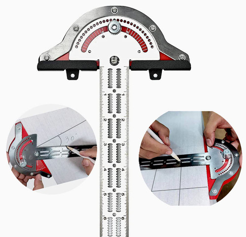 MUSIBO Protractor Angle Finder, Woodworkers Edge Ruler, T Square, T Ruler, Straight Edge inch Ruler,Multi-Function Angle Measure Tool Woodworking Metal Ruler Kit with Wall Hanging Storage Rack(13in)