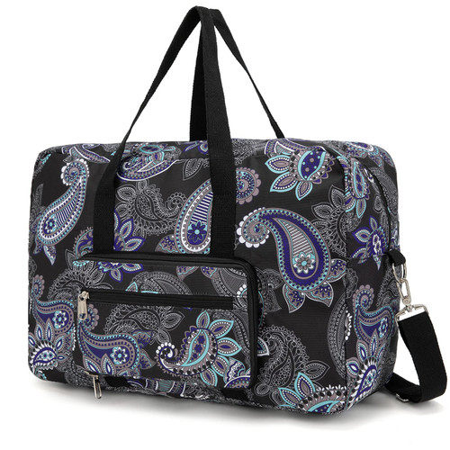 EXYANGEE Foldable Travel Duffel Bag, Medium Weekender and Overnight carry on Luggage bag for Women and Girl(Black Paisley)