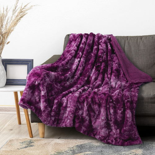 PAVILIA Faux Fur Throw Blanket Tie-Dye Purple, Soft Fuzzy Warm Sherpa Blankets & Throws for Bed, Fluffy Plush Thick Fleece Throw Blanket for Couch Sofa, Reversible Furry Shaggy Blanket, Purple 50x60