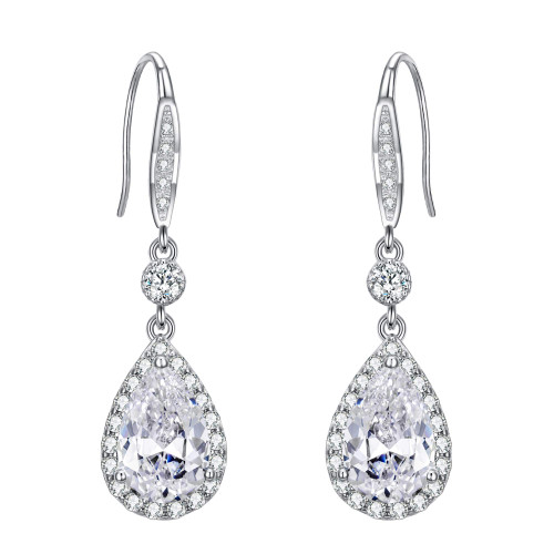 EleQueen 925 Sterling Silver Birthstone Teardrop Dangle Earrings Full Prong Cubic Zirconia Bridal Hook Earrings Clear