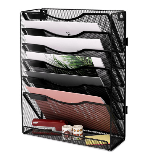 EasyPAG Office Supplies Wall File Organizer 7 Tier Assembly Vertical Hanging File Folders Holder Paper Rack,Black