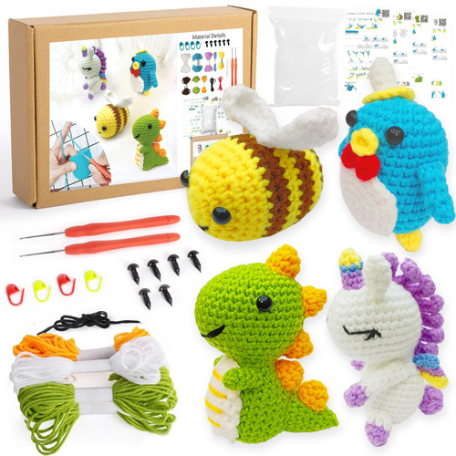 Crochet Kit for Beginners,4 PCS Animals Crochet Kit with Step-by-Step Video Tutorials, DIY Crochet Kit for Beginners Includes Yarns, Eyes, Stuffing, Crochet Hook - Great Gift for Kids and Adult
