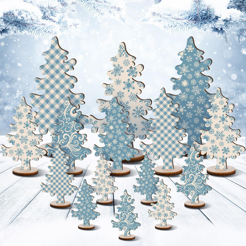 Thyle 15 Pcs Wooden Christmas Trees Tabletop Decoration Blue Standing Xmas Tree Rustic Farmhouse Table Centerpieces Christmas Tiered Tray Decor with Base for Home Xmas Winter Holiday Party, 5 Sizes