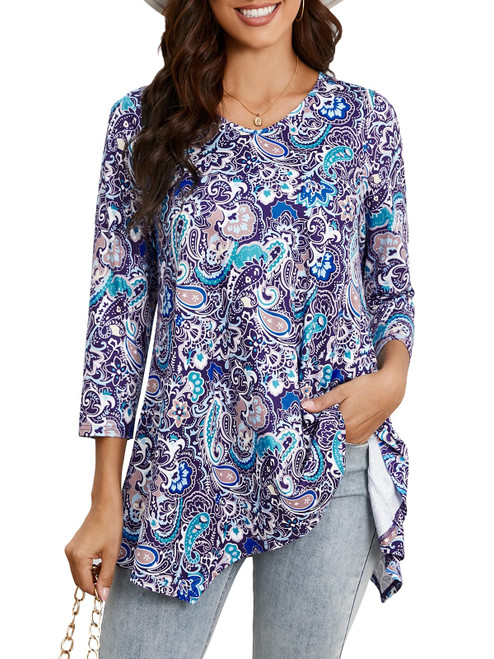 ENMAIN Tunic Tops for Women Plus Size 3/4 Sleeve V Neck Tunics Paisley Casual Dressy Loose T Shirts Swing Hide Belly Tops to Wear with Leggings