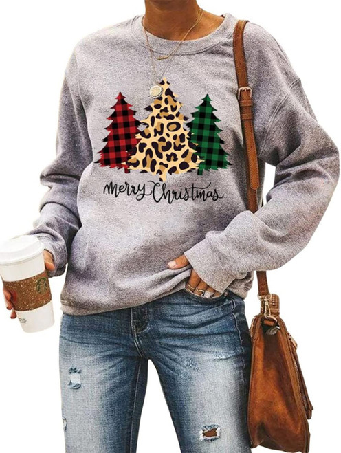 Merry Christmas Sweatshirt Women Christmas Tree Graphic Shirt Leopard Printed Xmas Holiday Long Sleeve Crewneck Pullover