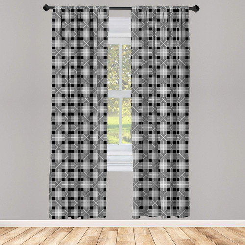 Ambesonne Abstract Window Curtains, Gingham Inspired Squares and Lines Pattern Crossing Stripes Design, Lightweight Decor 2-Panel Set with Rod Pocket, Pair of - 28" x 84", Charcoal Grey and White