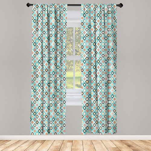 Ambesonne Geometric Curtains, Vintage Ottoman Style Floral Design with Old Fashion Heraldic Tiles Image, Window Treatments 2 Panel Set for Living Room Bedroom, Pair of - 28" x 84", Aqua