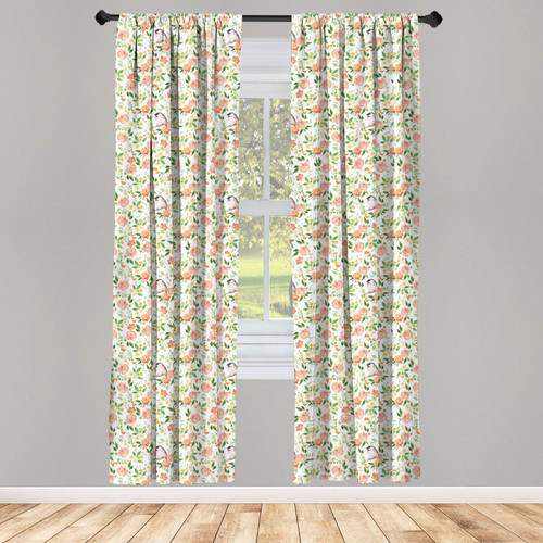 Ambesonne Floral Curtains, Flower Petals Blossoms Leaves and Bird Sitting Vintage Inspired Image, Window Treatments 2 Panel Set for Living Room Bedroom, Pair of - 28" x 84", Coral Fern Green White