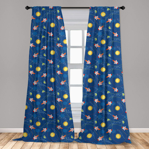 Ambesonne Space Curtains, Little Cartoon Rocket with Circular Flight Path and UFOs Sun Polka Dots Skyline, Window Treatments 2 Panel Set for Living Room Bedroom, Pair of - 28" x 84", Multicolor