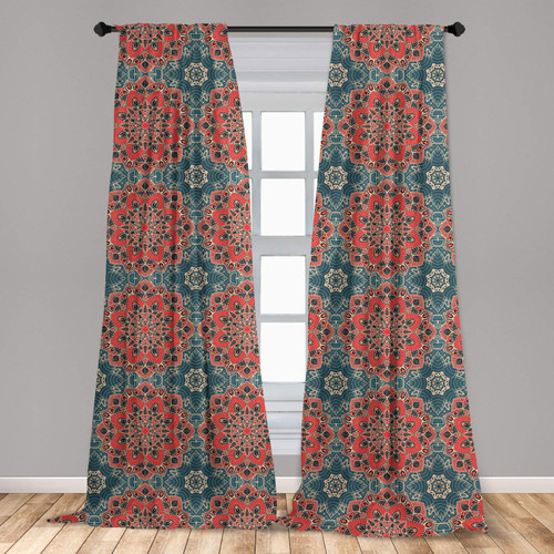 Ambesonne Mandala Window Curtains, Culture Inspired Middle Eastern Motifs Checkered Pattern, Lightweight Decor 2-Panel Set with Rod Pocket, Pair of - 28" x 95", Dark Coral Slate Blue