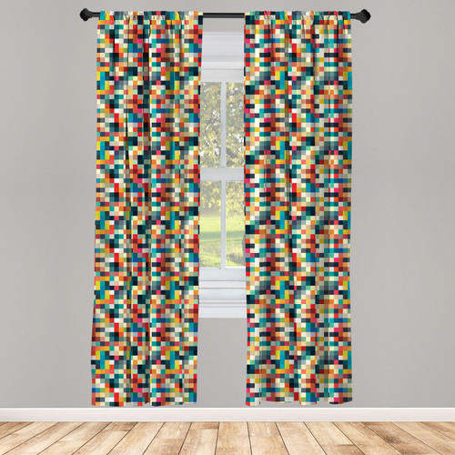Ambesonne Geometric Window Curtains, Pixel Art Inspired Checkered Squares Grid Illustration Colorful Abstract Design, Lightweight Decor 2-Panel Set with Rod Pocket, Pair of - 28" x 84", Multicolor