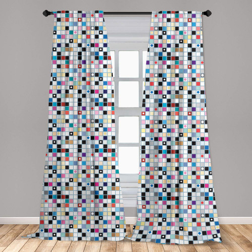 Ambesonne Grid Window Curtains, Checkered Squares Design with Dots of Varying Sizes Colorful Geometric Shapes Pattern, Lightweight Decor 2-Panel Set with Rod Pocket, Pair of - 28" x 84", Multicolor
