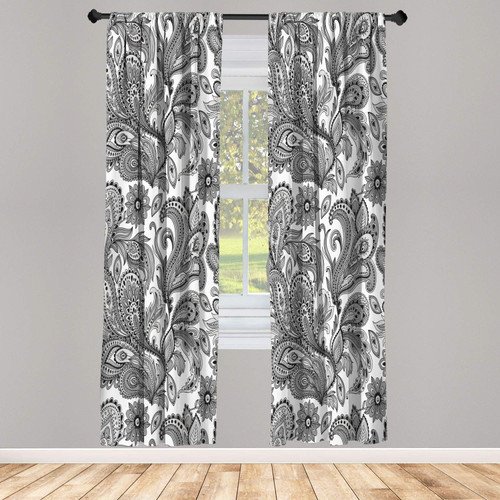 Ambesonne Paisley Window Curtains, Ethnic Art Swirly Flowers Leaves Floral Pattern Bohemian Style Country Print, Lightweight Decorative 2-Panel Set & Rod Pocket, Pair of - 28" x 84", Grey and Dimgray