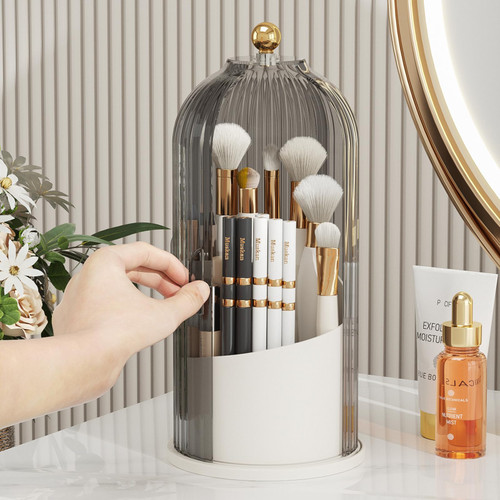 KHNR Makeup Brush Organizer with Lids,360 Rotating Makeup Organizers,Dustproof Makeup Holders and Organizers,Makeup Brushes Organizer for Vanity Desktop Bathroom Countertop,Black