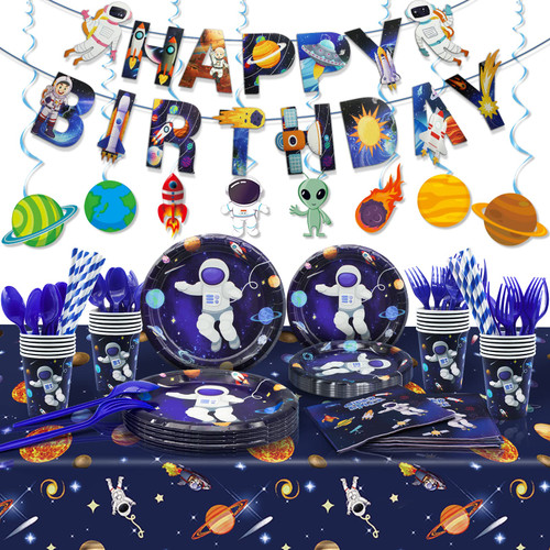 Outer Space Birthday Supplies, Space Themed Party Supplies Includes Banner, Solar Hanging Swirls, Cake Topper, Plates, Napkins, Spoons, Cup, Straws, Tablecloth for 24 Guests Outer Space Birthday Supplies, Space Themed Party Supplies Includes Banner, Solar Hanging Swirls, Cake Topper, Plates, Napkins, Spoons, Cup, Straws, Tablecloth for 24 Guests